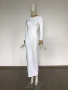 Elegant white long sleeve bandage maxi dress with luxury gold beaded collar and cuffs
