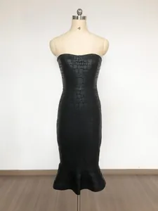 Black crocodile pattern strapless midi dress with fishtail hem detail