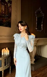 Elegant light blue lace long sleeve mermaid evening gown in classical indoor setting
