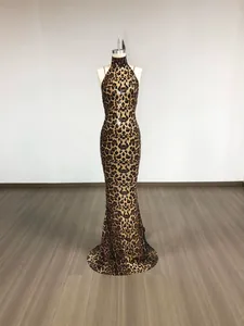 Sexy halter neck backless leopard print sequin bodycon mermaid evening gown maxi dress