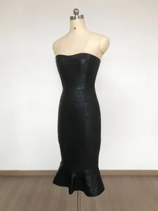 Detailed shot of black crocodile texture strapless bodycon midi dress with mermaid hem