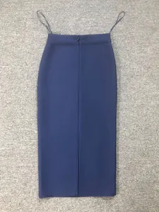 Detailed macro view of a navy blue bandage pencil skirt with elegant back slit