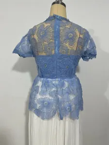 Detailed back view of a blue lace dress featuring intricate 3D floral appliqués and beads.