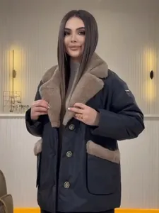Elegant women's winter wool coat featuring a plush faux fur collar and pocket details