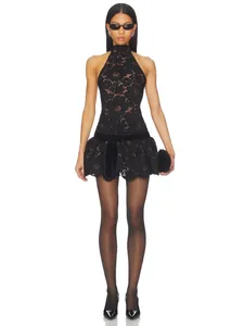Women Sexy Halter Lace Mini Dress Black Solid Color Velvet Bow Slim Fit Bodycon Eyelash Lace Trim Party Clubwear Dress
