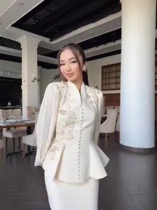 Elegant Peplum Top And Long Skirt Set For Women Autumn Textured Floral Applique Long Sleeve Skirt Set Formal Party Wear