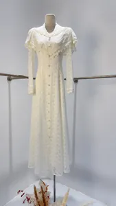 French vintage white lace maxi dress with elegant ruffle shawl collar and long sleeves