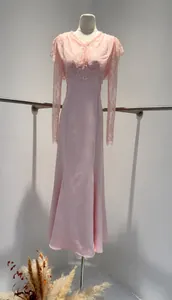 Elegant pink lace long sleeve mermaid evening dress with exquisite pearl bead details