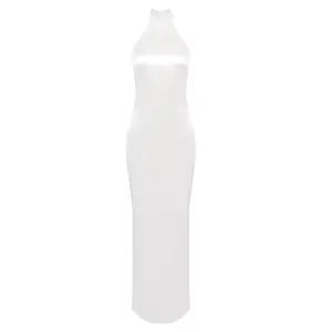 Elegant white halter neck backless bodycon maxi dress featuring fine beaded details