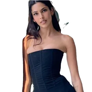 Elegant high-elastic black mesh corset strapless tube top featuring a body-shaping design