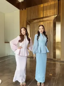 Elegant pink and light blue floral textured peplum suit sets featuring long skirts for women