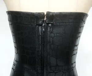 Close-up of black strapless bandage dress with crocodile texture and back zipper detail