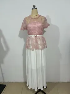 Pink floral lace top and white pleated long skirt set for elegant women