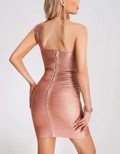 Close-up back view of rose gold metallic bandage dress with one-shoulder and bodycon fit