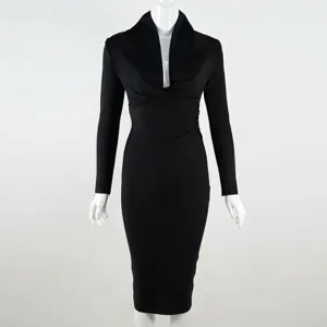 Elegant black long sleeve bandage dress featuring a deep V-neck and stylish twist waist detail