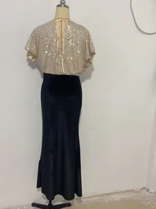 Elegante vestido de noche con lentejuelas doradas y falda larga de sirena de terciopelo
