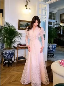 French Retro Heavy Embroidery Lace Maxi Dress For Women V Neck Ruffle Cape Long Sleeve Waist Slimming Party Top And Bottom