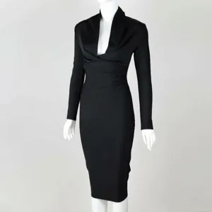 Detailed view of elegant black deep V-neck long-sleeve bandage dress for formal evening party.