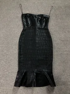 Elegant sexy black crocodile texture bodycon midi dress with mermaid hem and straps