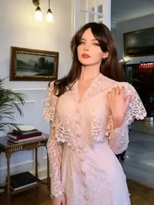 Elegant French vintage pink lace long dress with V-neck and ruffle shawl for spring