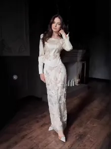 Women Elegant Heavy Lace Floral Embroidery Maxi Dress Long Sleeve V-Neck Pleated Party Dress European Style Long Dress
