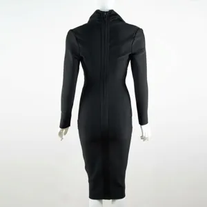 Back view of an elegant black long-sleeved bandage dress with a full-length zipper