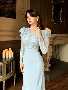 Elegant light blue lace long sleeve high waist fishtail evening gown for formal occasions