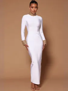 Women Elegant Bandage Maxi Dress Stand Collar Beaded Design Slim Fit Backless Hip Wrapped Evening Party Bodycon Long Dress