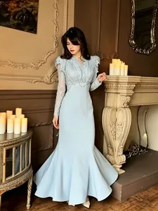 Elegant light blue lace long sleeve high waist mermaid evening gown for formal occasions