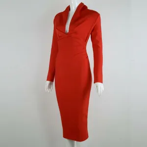 Elegant red long sleeve bodycon bandage dress featuring a sexy deep V-neckline for formal events