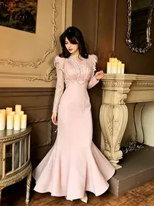 Elegant soft pink lace long sleeve high waist mermaid gown for formal evening events