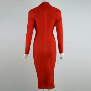 Back view of red long-sleeve bandage dress featuring a full-length zipper closure.