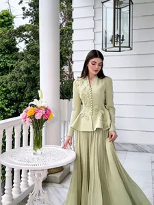 Elegant pistachio green vintage embroidered blazer and pleated maxi skirt set
