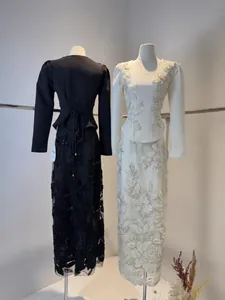 Elegant long sleeve maxi dress with heavy lace flower embroidery in black and white