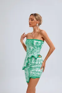 Detail view of green jacquard two-piece set featuring irregular hem and tube top