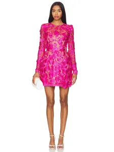 Elegant European Style Rose Red Lace Mini Dress With 3D Handmade Flower Embroidery Long Sleeve Slim Fit Party Dress