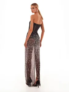 Elegant mesh sleeveless corset gown with sequin and bead details for red carpet events