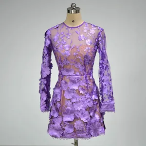Elegant purple long-sleeved banquet dress featuring 3D floral lace and nude lining detail