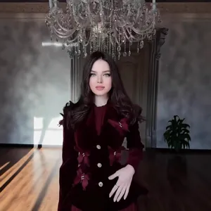 Elegant burgundy velvet butterfly dress suit for women with luxury vintage chic style