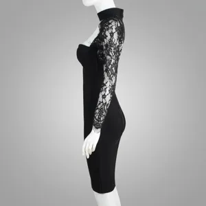 Elegant black bandage bodycon dress with intricate lace sleeves for evening parties