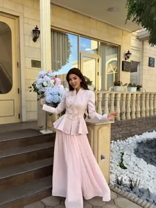 Vintage light pink embroidered blazer and pleated maxi skirt two-piece set for elegant women