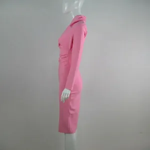Side profile of an elegant pink long-sleeve bandage dress with bodycon silhouette