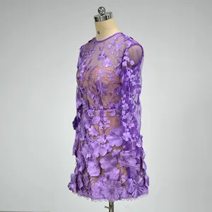 Exquisite purple long sleeve mini dress with detailed 3D floral lace appliques