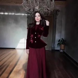 Elegant retro burgundy velvet butterfly blazer and long pleated skirt two-piece set for women.