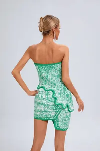 Back view detail of a green and white jacquard tube top with asymmetrical mini skirt set