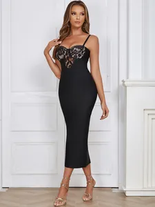 Elegant black bandage midi dress with delicate lace detailing and spaghetti straps