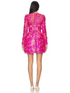 Back view of elegant fuchsia 3D floral embroidery lace long sleeve mini cocktail dress