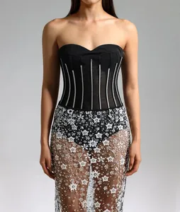 Elegant black corset bodice and white floral sequined mesh sheer red carpet banquet dress