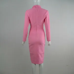 Back view of sexy pink long-sleeve bandage dress with a sleek full-length zipper detail