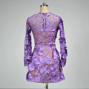 Back view detail of elegant purple long sleeve floral lace banquet mini dress on mannequin